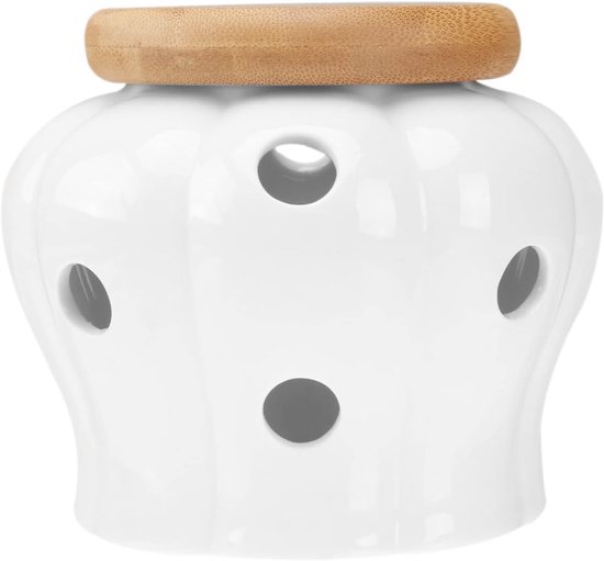 Witte keramische voorraadpot voor knoflook met een houten bamboe deksel en ronde ventilatiegaten.