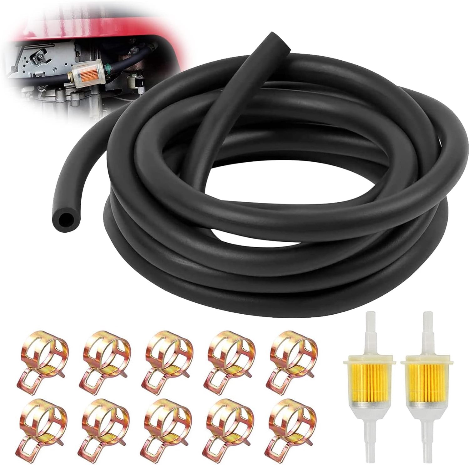 13-Delige Set - Brandstofslangenset - 2 meter benzineslang - 2 x Benzinefilter - 10 x slangklemmen - Brandstoffilter Inline - Met 5 mm en 8 mm - Brandstoffilters - Brandstofslang - Olieslang - voor kleine motorfietsen, vrachtwagens en auto's - zwart