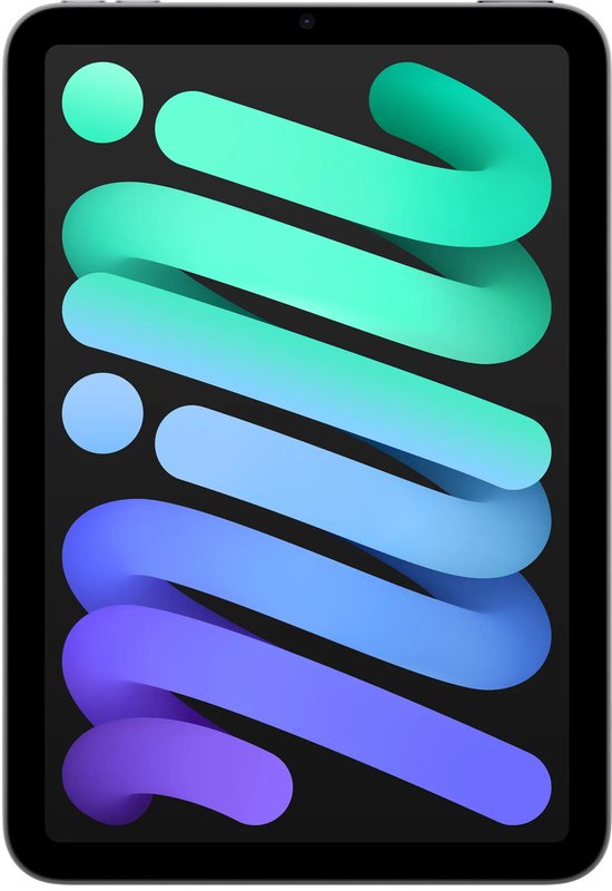 Vooraanzicht van een grijze iPad Mini met een kleurrijk abstract ontwerp op het scherm.