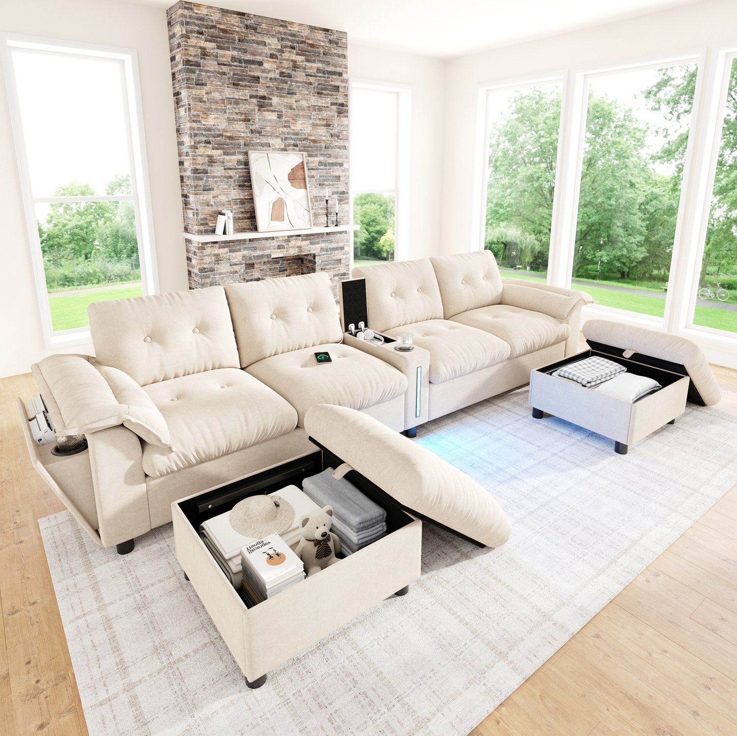 STILVORA U-Bank 312 Cm - Modulaire 6-Zits Hoekbank Met Opberghockers, Led, Usb En Type-C - Voor Woonkamer - Chenille Beige