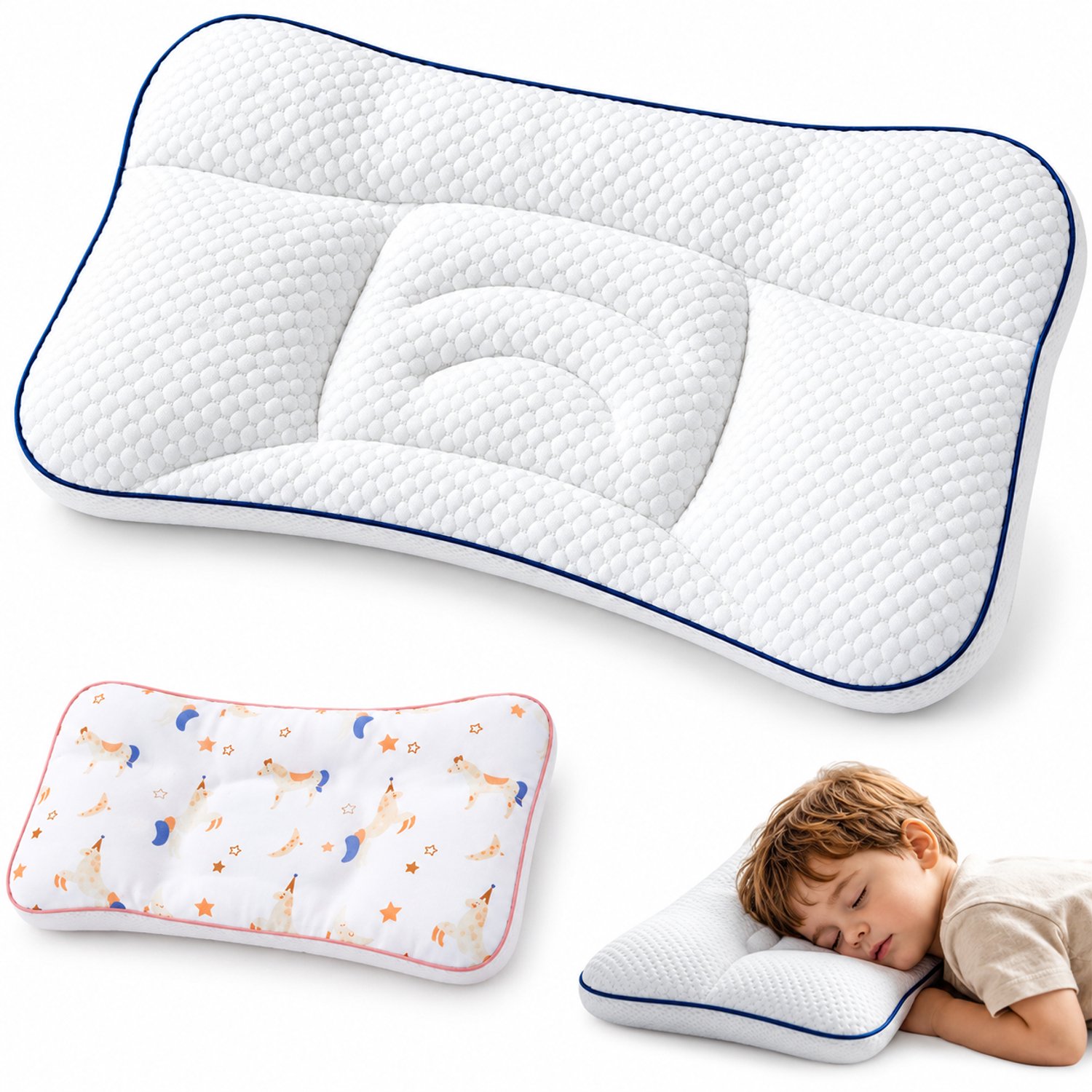VHV Kinderkussen - Ademend Slaapkussen - 54x32x9 cm - Met kussensloop - Dubbelzijdig - Hoofdkussen kind - Voor peuterbed en reizen - Kussensloop met eenhoornmotief - Wit