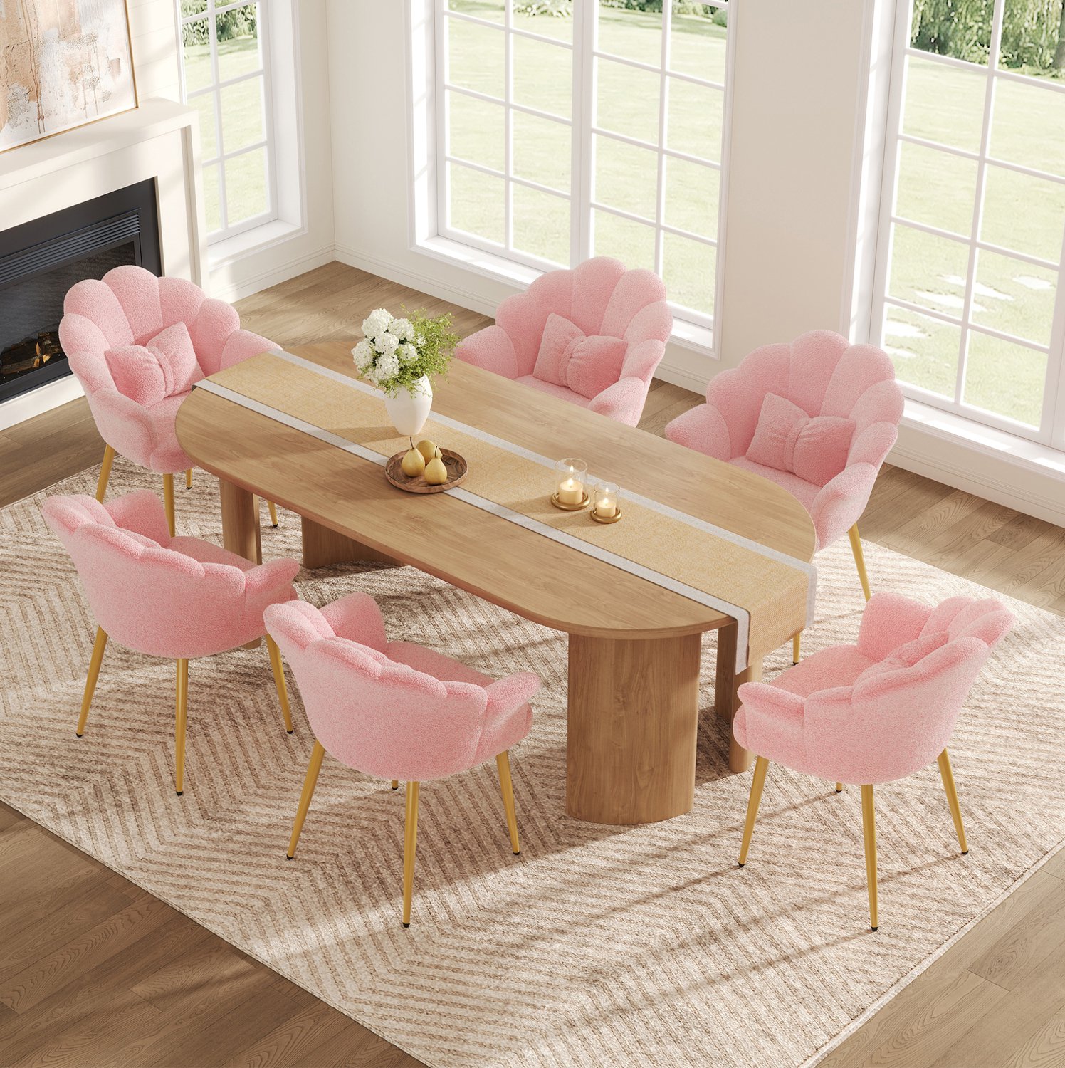 STILVORA Eetkamerstoelen Set Van 6 64 x 65,5 x 85 cm - Armleuningen En Bloemvormige Rugleuning - Voor Eetkamer En Slaapkamer - Teddystof - Roze