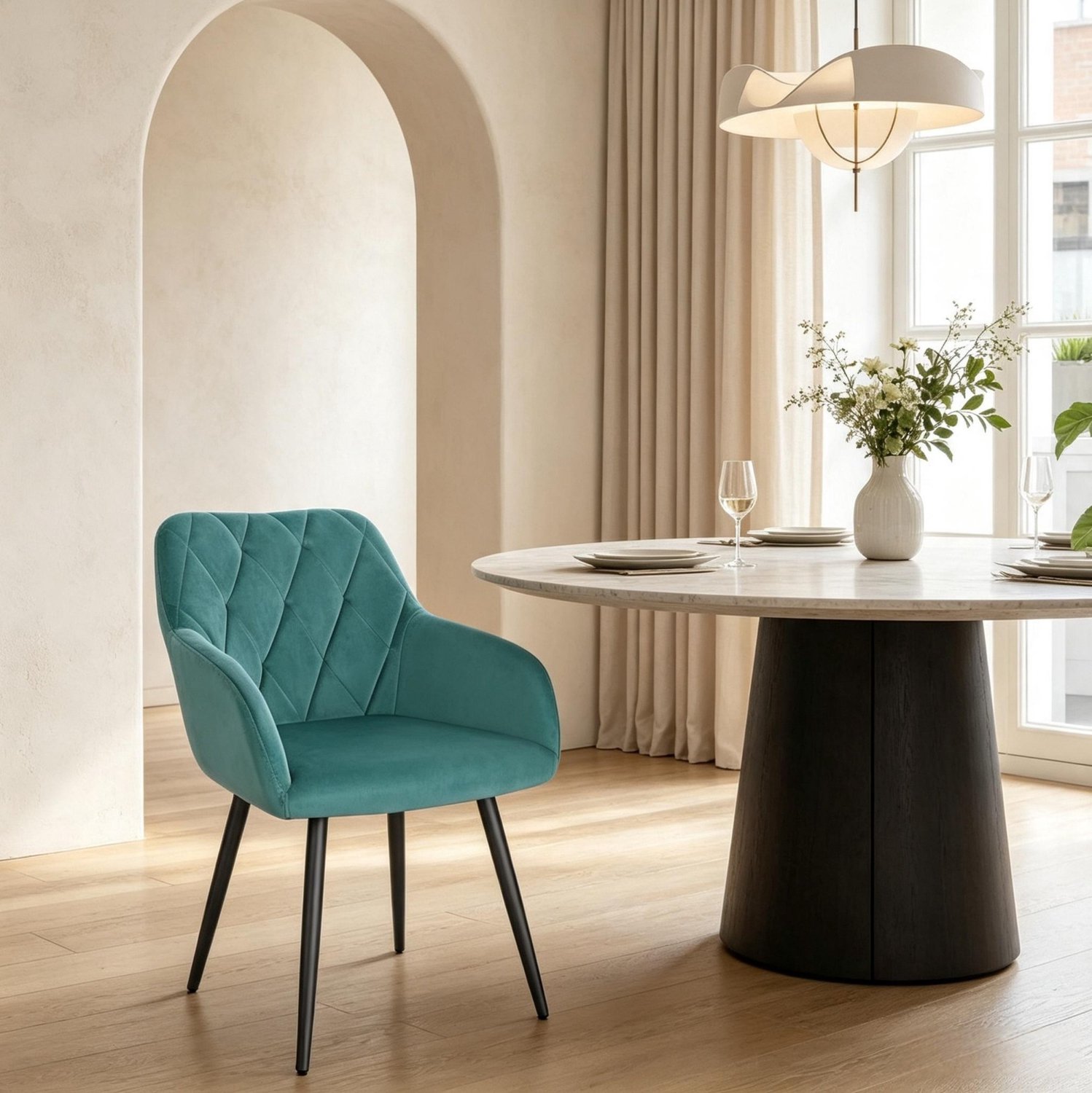 STILVORA Eetkamerstoel 46,5 x 44,5 x 79 cm - Met Armleuningen en Gewatteerde Zitting - Voor Eetkamer en Woonkamer - Fluweel Blauwgroen Tealblauw