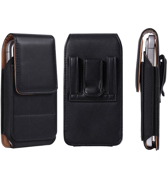 Ensemble de trois étuis de téléphone en cuir noir sous différents angles avec passants de ceinture.