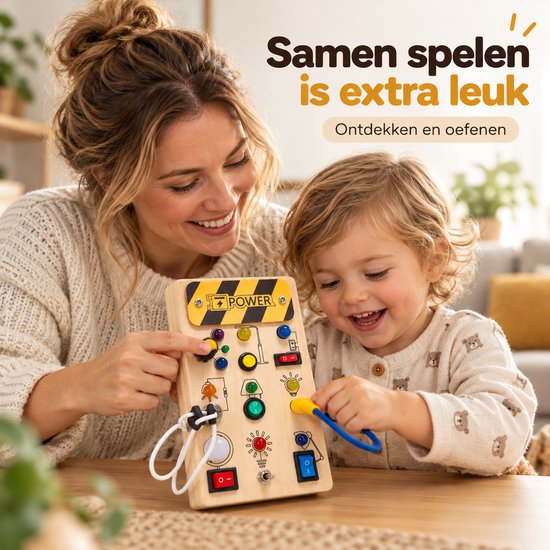 Flero Busy Board, Activity Center, Houten Activiteitenbord - Sensorisch Speelpaneel met LED Verlichting, Schakelaars, Knoppen en Sleutel - Montessori Speelgoed voor Peuters en Kleuters - Educatief Montessori Speelgoed, Houten Speelgoed — afbeelding 2