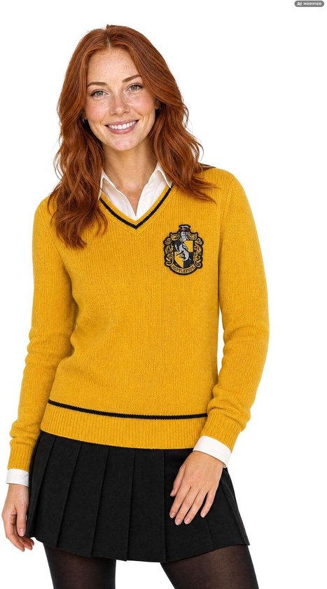 Vrouw met rood haar draagt een gele Hufflepuff-trui met V-hals, wit overhemd, zwarte plooirok en panty.
