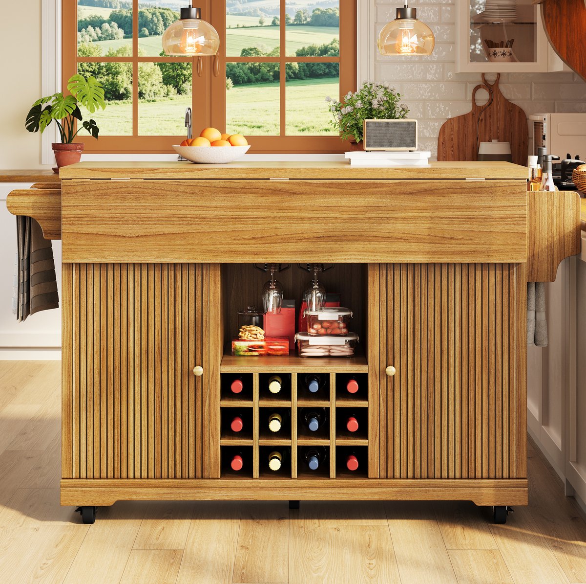 REDOM Keukenroltafel - Dubbel uitklapbare tafelbladen - Uitneembaar wijnflessenrek - Mobiel met geremde zwenkwielen - MDF en metaal - Donkerbruin - 142,5 x 80 x 95 cm