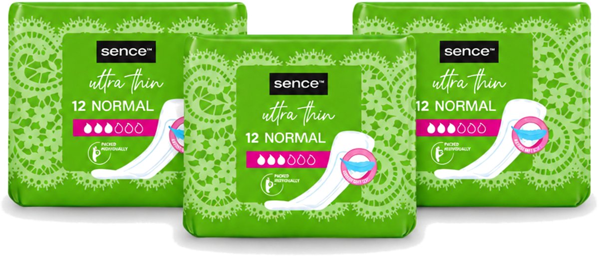 3 x Sence - Normaal - Maandverband - Zonder Vleugels - 12 Maandverbanden - Voordeelverpakking - 3 stuks