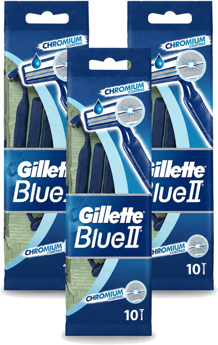 3 x Gillette - Blue 2 - Wegwerpscheermesjes - Chromium Coating - 10 Scheermesjes - Voordeelverpakking - 3 stuks