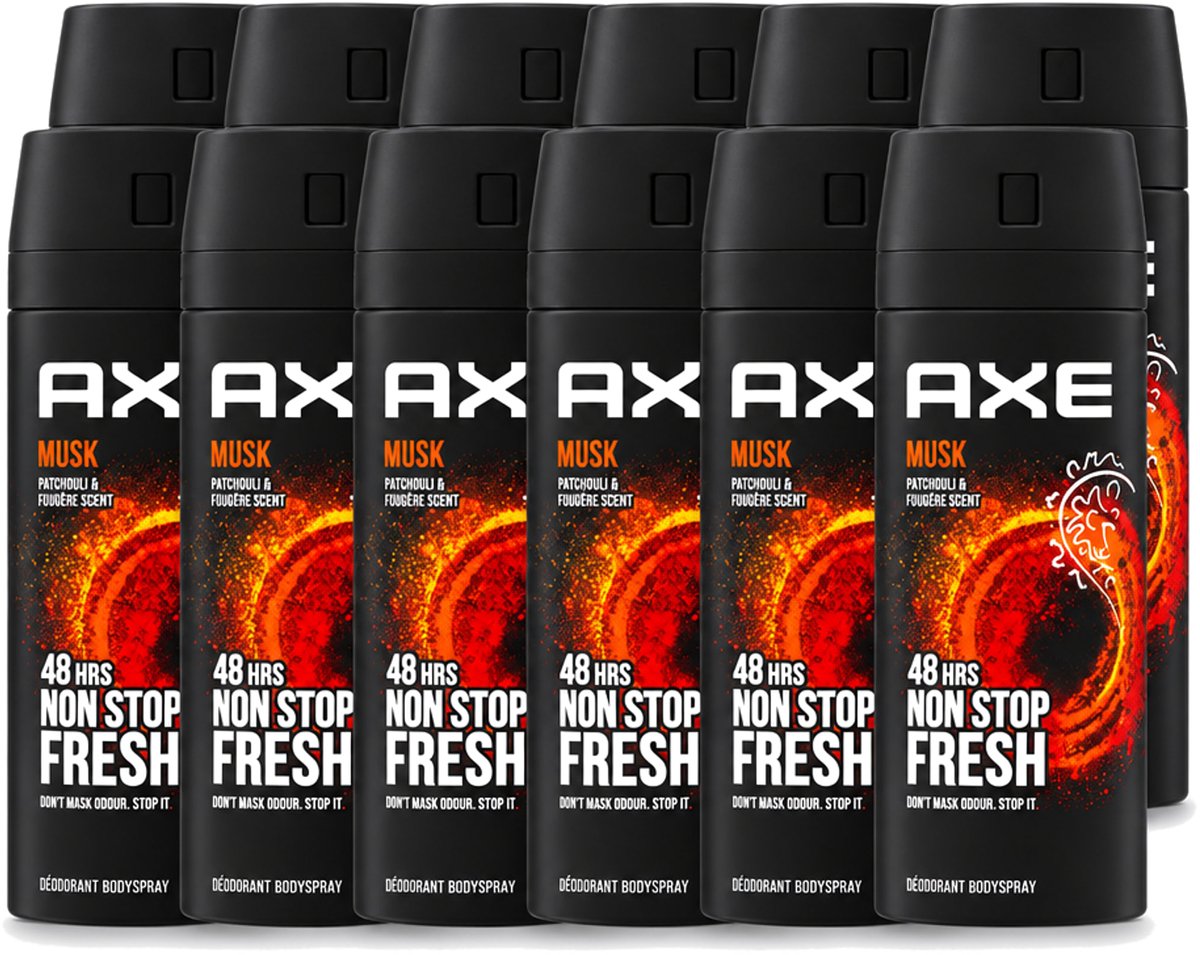 12 x Axe - Deodorant Bodyspray - 48hrs Non Stop Fresh - Musk - Patchouli & Fougere - 150 ml - Voordeelverpakking - 12 stuks
