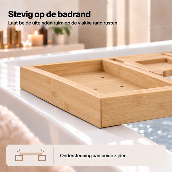 Houten badplank, 75-110 cm, met verstelbare uiteinden en vakjes.