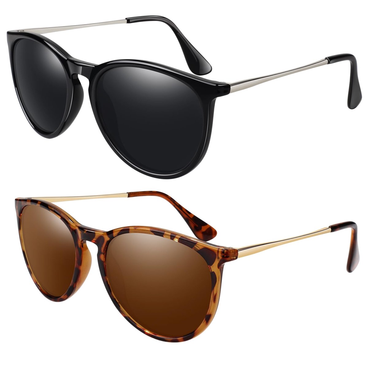 SnelShoppen - Vintage Ronde Zonnebril voor Dames - Gepolariseerde UV-Bescherming - Retro Designerstijl - 2 Pack Glanzend Zwart | Grijs + Luipaard | Br