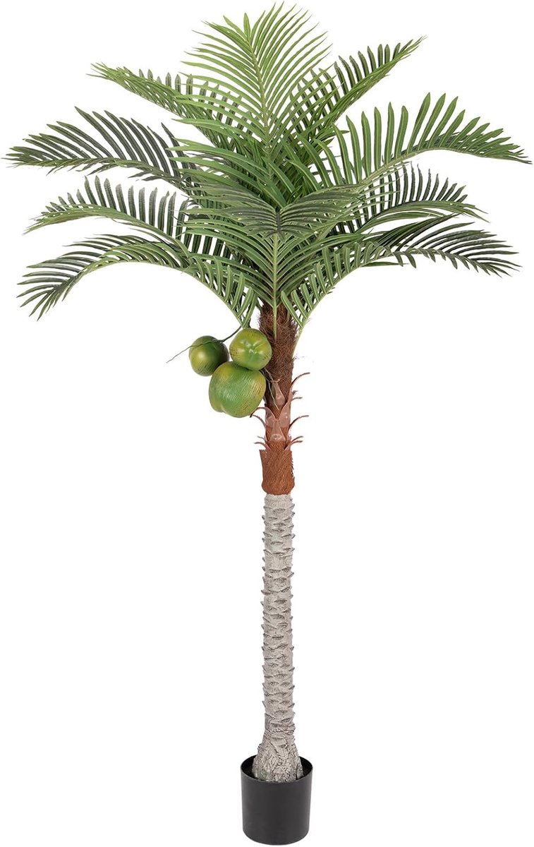 Kunstpalm met kokosvrucht, 213 cm, uv-bestendig, 213 cm, met grote en vollere bladeren, synthetische kokosboom voor zwembad, terras, decoratie