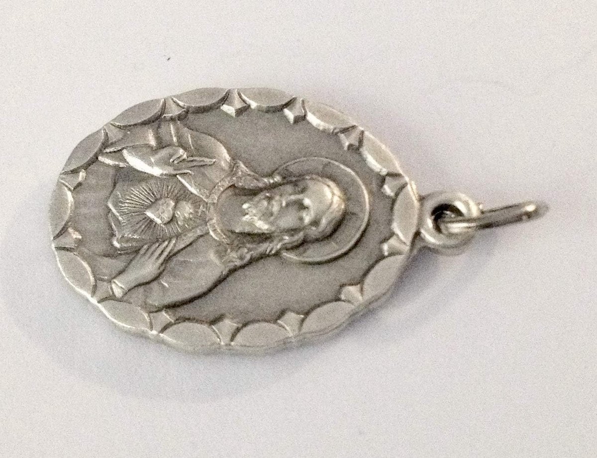Medaille van het Heilig Hart Jezus en Maria (de twee heilige harten in een medaille), Metaal