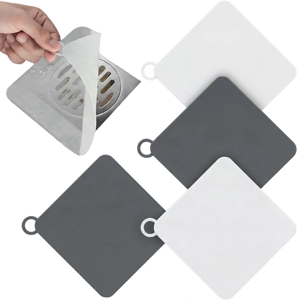 4 stuks, siliconen, vierkant, geurafsluiter, vloerafvoer, 15 x 15 cm, anti-geurstop, douche, universele afvoerstop, mat, vierkant, voor badkamer, keuken, toilet (2 grijs + 2 wit)