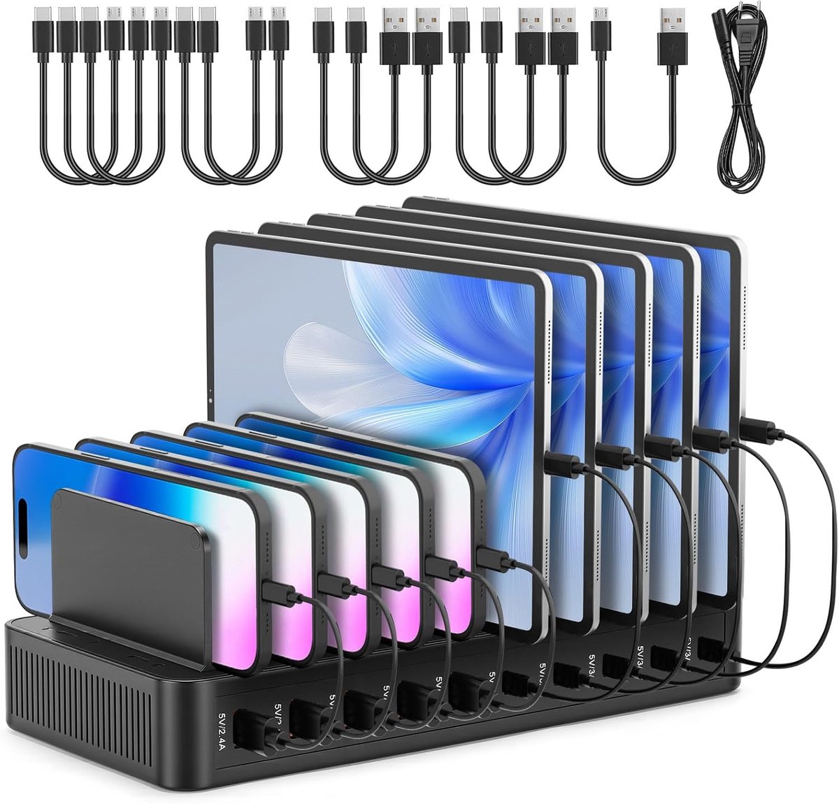 10-poorts USB-snellaadstation, Snel Opladen met Verwijderbare Verstelbare Verdelers, Bescherming Tegen Oververhitting, Overbelasting, Overspanning en Kortsluiting