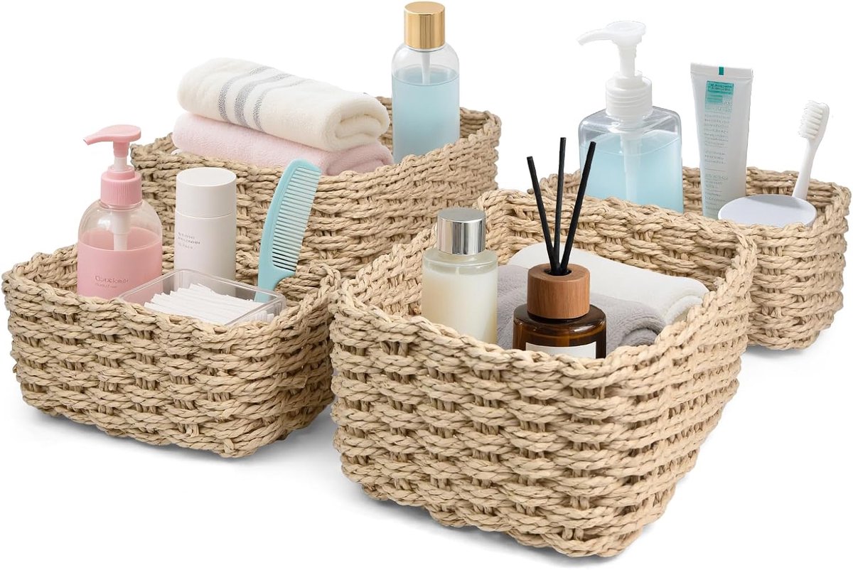 Set van 4 gevlochten opbergmanden, van papieren touw, boho-stijl