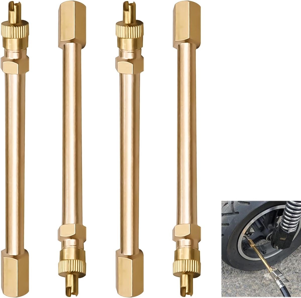 4 stuks, ventielverlenging 10 cm, messing, verlenging voor Schrader-ventiel met granaatdemonteerder, auto, motorfiets, fiets, elektrische scooter, opblaasaccessoires, dubbele