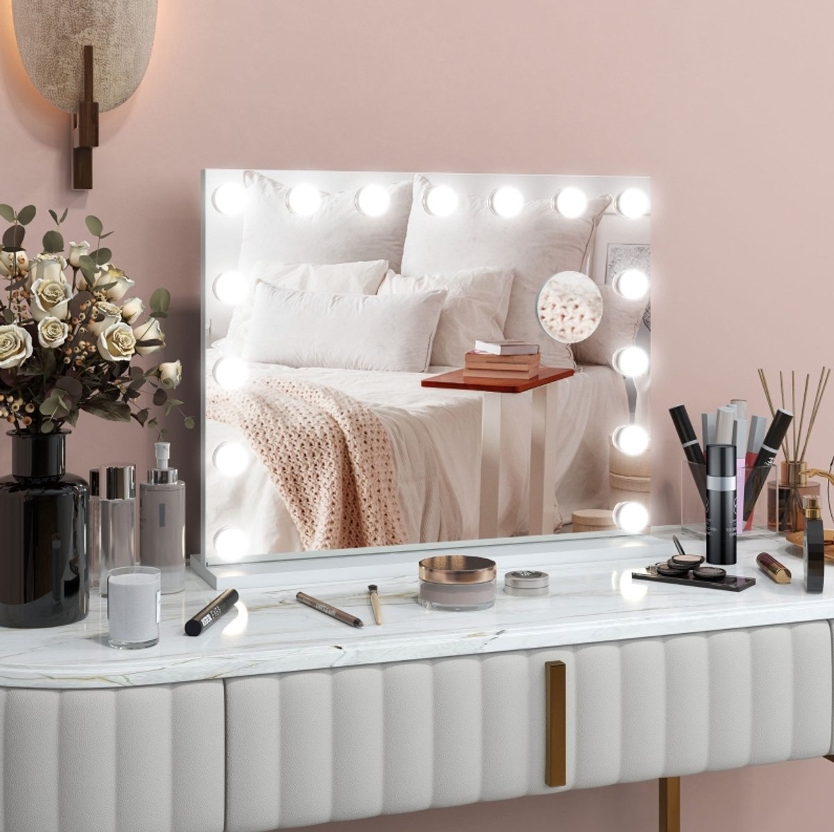 MIVRAY LED-Cosmeticaspiegel – 58 x 48 cm – Dimbaar Met Drie Lichtkleuren – Metaal – Wit – Voor Make-up Met USB-Aansluiting