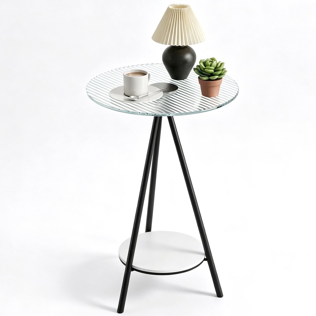 Ronde Bijzettafel - 2 Niveaus - Geribbeld Glas - Met Onderblad - Zwart Metalen Frame - Smal Nachtkastje - Voor Bank en Bed - Ø 40 x H 59 cm - Transparant en Zwart