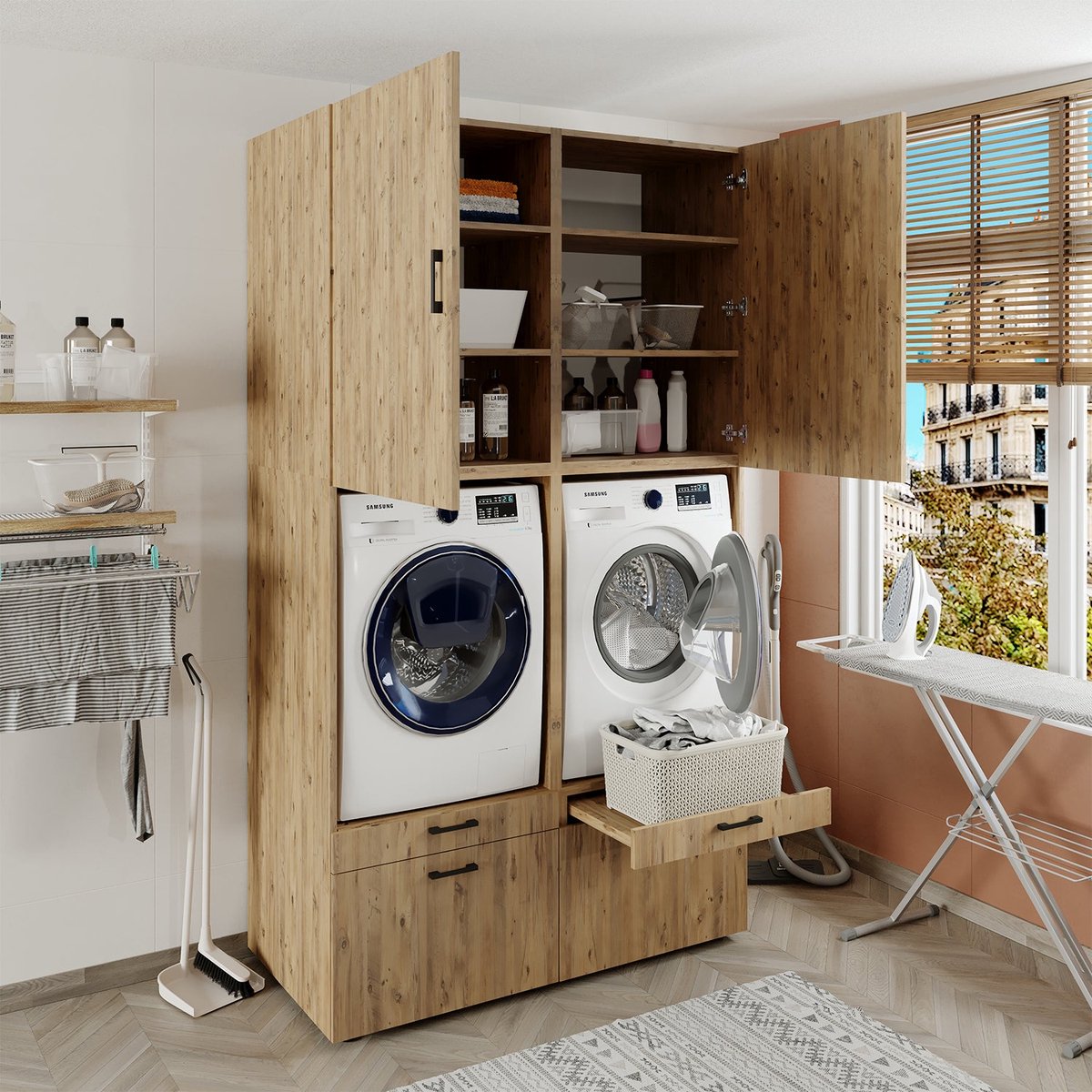 Roomart SERIE 2 Wasmachine Ombouwkast 134x240 cm - Dubbele Kast voor 2 Apparaten - Eiken