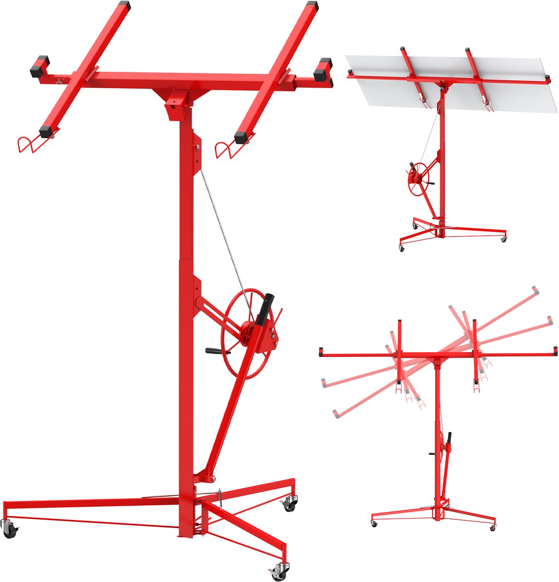 Triumpunpre - Zware Gipsplaat Lift (488cm) - 68kg Draagvermogen - 360° Verstelbare Telescopische Arm - Inklapbare Verrijdbare Gipsplaat Takel Met Vergrendelbare Wielen Voor Plafondmontage