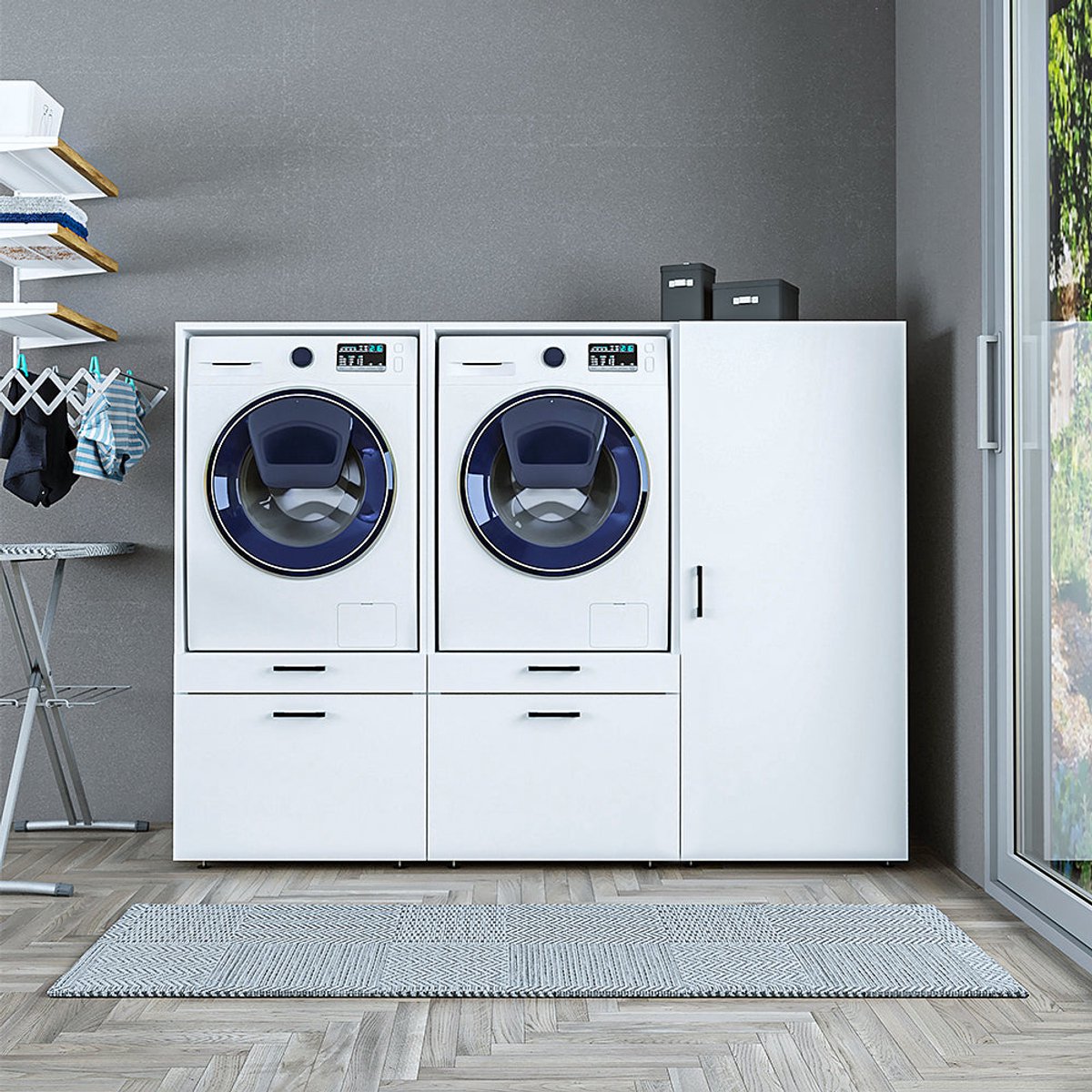 Roomart SERIE 2 Wasmachine Ombouwkast 194x145 cm - met 2 Uittrekbladen - Wit