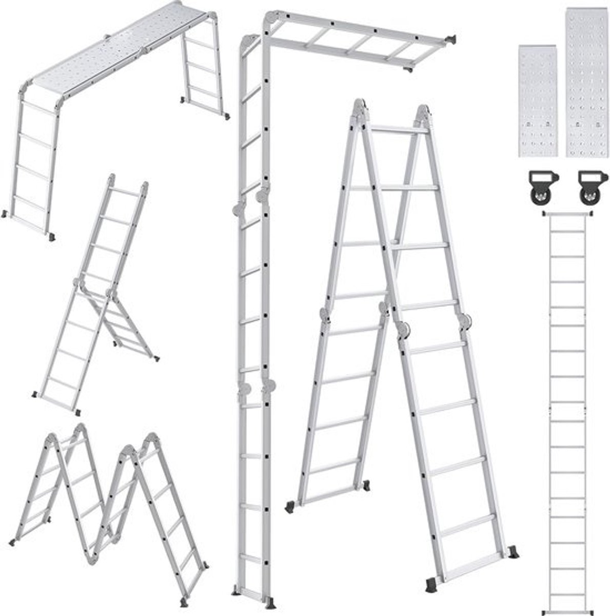 Multifunctionele ladder - Vouwladder - van aluminium - voor klussen en onderhoud - met platform - 470 cm - zilver