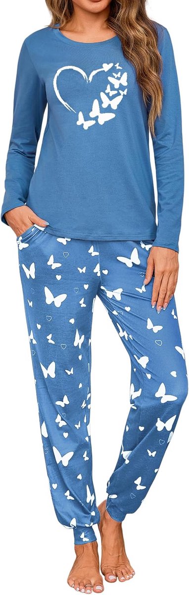 Winterpyjama voor dames, van katoen, pyjama met lange mouwen en lange broek, nachtkleding met vlinderpatroon, S-XXL