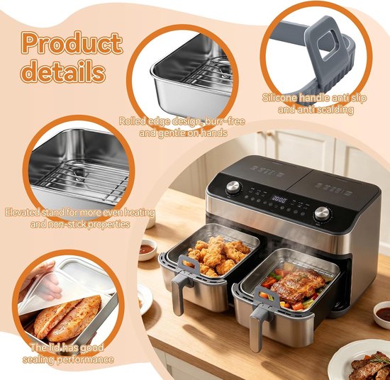 Ovenschaal voor airfryer met afneembare siliconen handgrepen, roestvrijstalen airfryer-accessoires voor AF400EU/AF500EU/DZ400EU, vaatwasmachinebestendige heteluchtfriteuse, ovenschaal voor Ninja — afbeelding 2