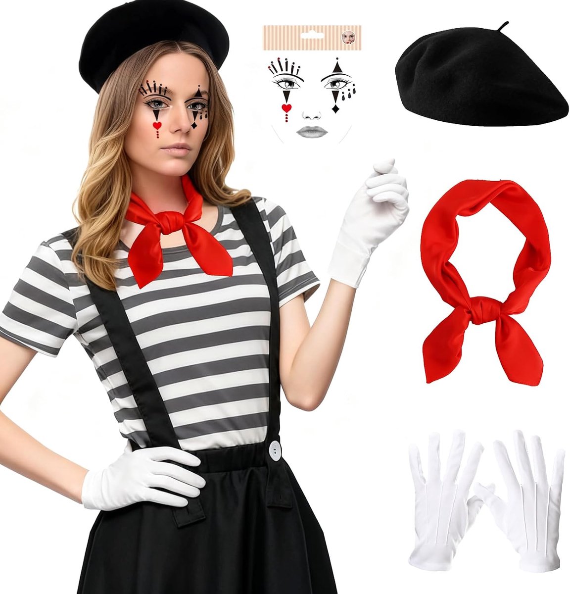 Kunstenaarskostuum, Mimo-accessoires, kostuums, carnaval, circus, Mimo's, accessoireset, kostuums, carnaval, dames, pantomima, accessoires voor kleding, voor Halloween, carnaval