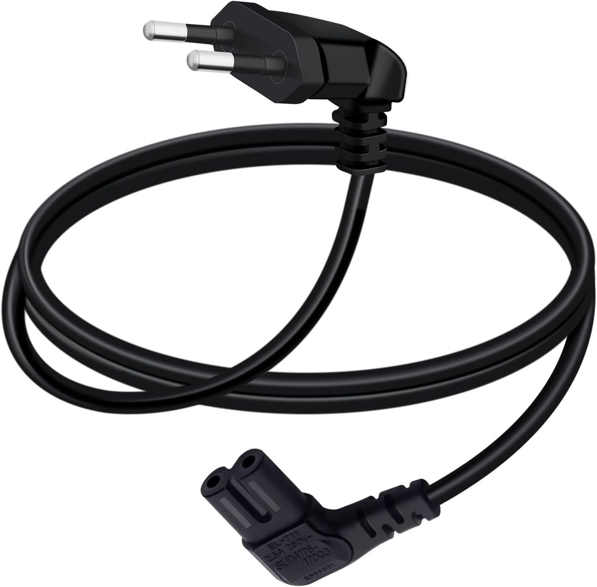 Netsnoer C7-stroomkabel 2,5 A 250 V netsnoer 2-polig C7 kabel 2x0,75 mm² voor laptop, tv, monitor, printer (90 Graden, 1.5 m)