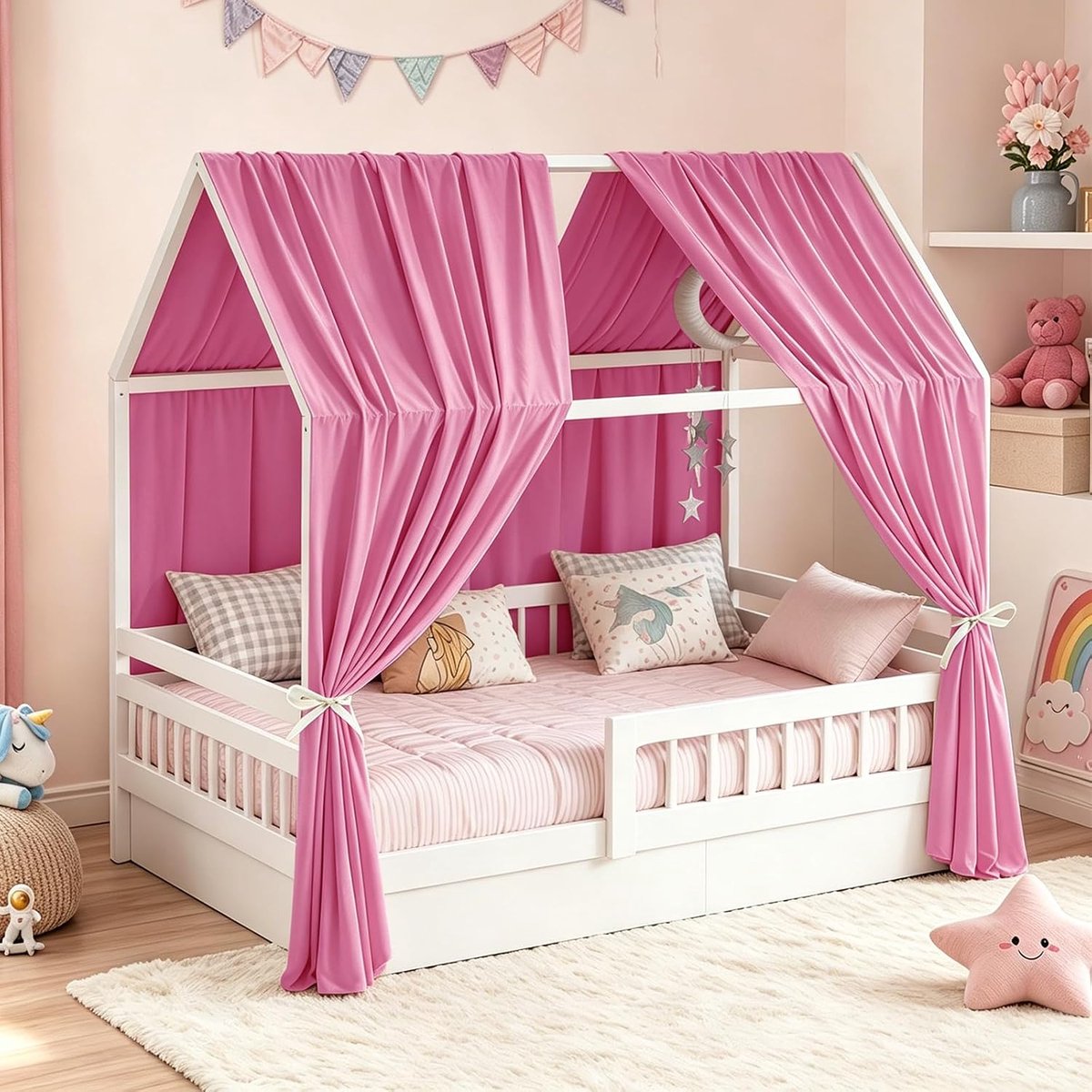 Hemel, bedhemel, huisbed, stoffen luifel voor huisbedden, meisjes en jongens, baldakijn, handgemaakte huisbed, decoratie met stoffen gordijn, bedhemel (roze, H 270 x B 67 cm