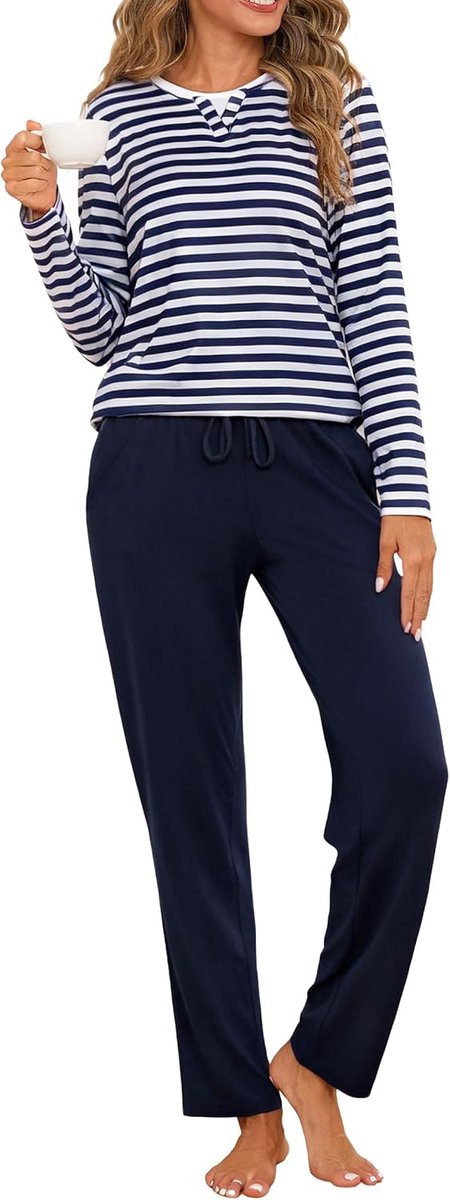Winterpyjama van katoen, tweedelige pyjama voor dames, lange mouwen, gestreept T-shirt en lange broek met zakken, zacht en comfortabel