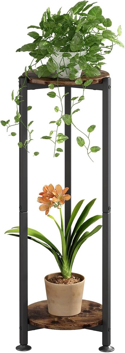 Plantenstandaard voor binnen, vierkant, hoog, 2 etages, metaal, moderne bloemenopslag, plantenrek voor woonkamer, balkon, tuin, zwart (zwart, 2 etages)