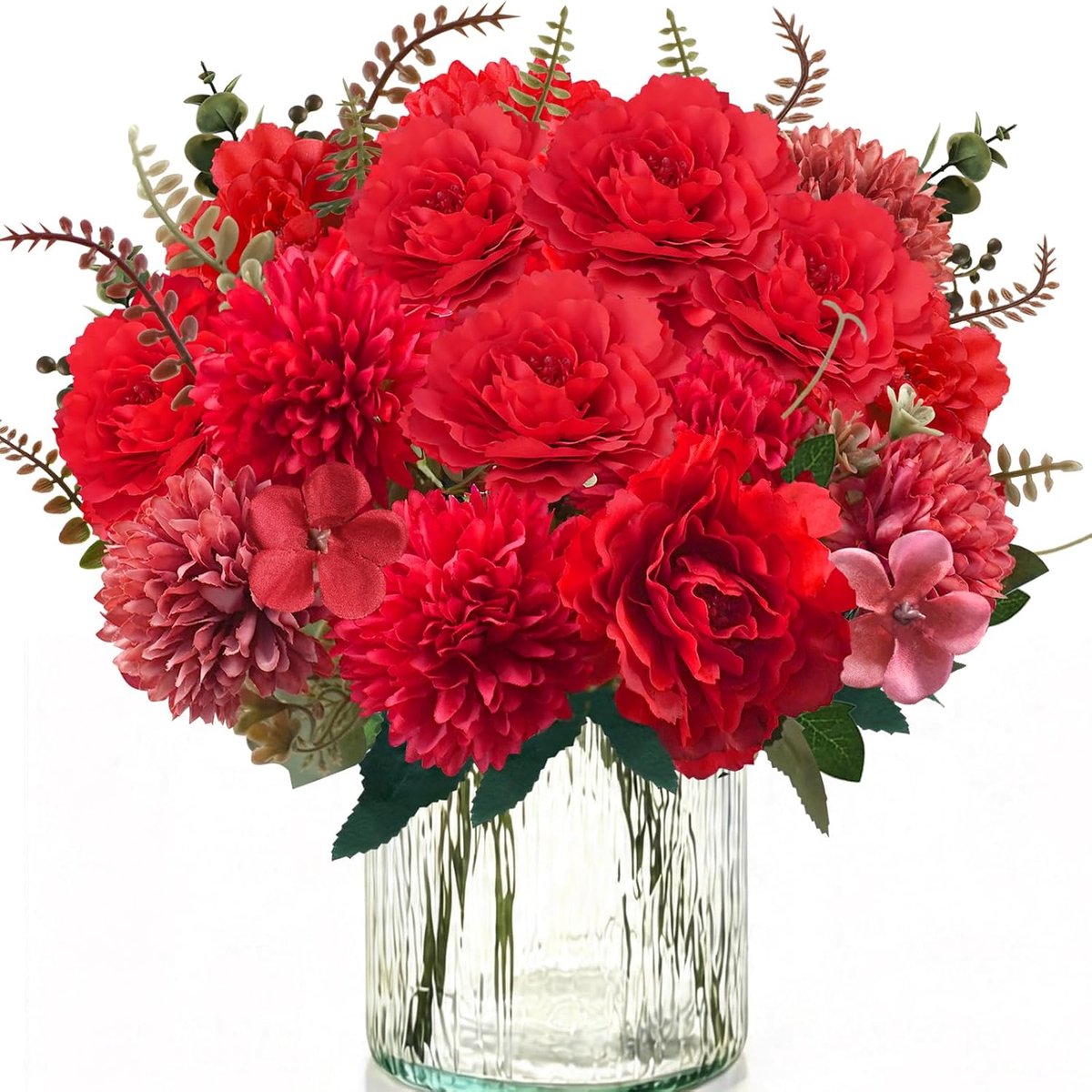 4 pcs kunstbolchrysant rood kunstboeket, kunstpioenen