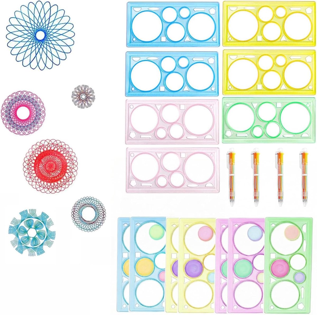 Liniaal, tekengereedschapset, 7 stuks geometrische liniaal met 4 stuks veelkleurige balpen, multifunctioneel tekengereedschap, cadeautje, kindergeboorte, cadeautje, kinderverjaardag