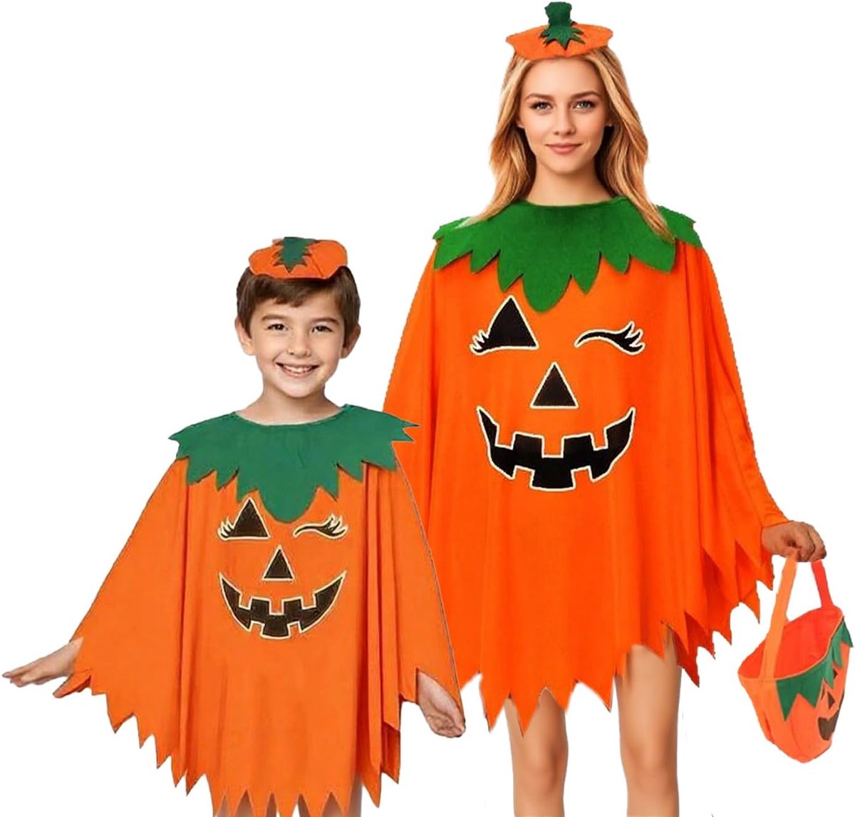 Pompoenkostuum dames meisjes, Halloween pompoencape, Carnevals pompoenkostuum met hoofdsieraad, snoepzak, eenheidsmaat voor volwassenen en eenheidsmaat voor kinderen