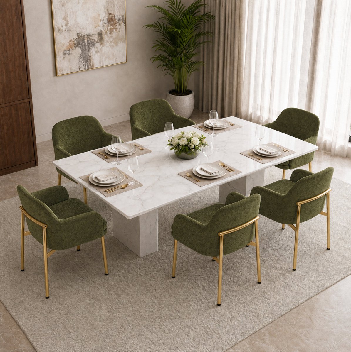 MIVRAY Eetkamerstoel 61 x 59 x 78,5 cm - Set Van 6 Met Armleuningen En Verstelbare Voeten - Voor Eetkamer En Keuken - Stof Groen