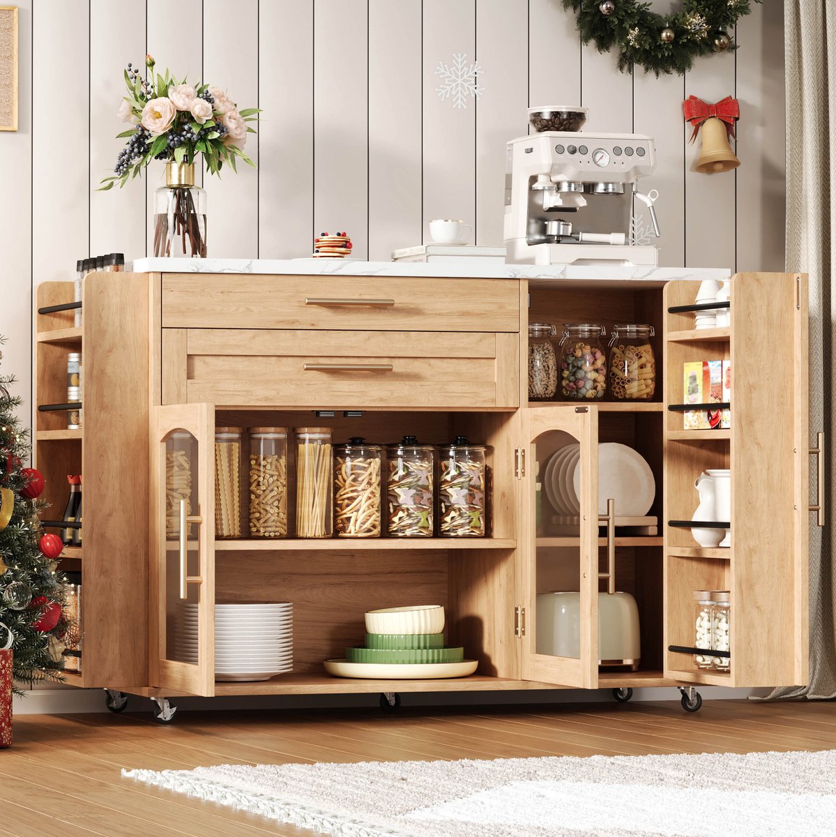 WUVRIE - Mobiel kookeiland 120 x 45(70) x 90 cm - Klapbaar werkblad en 5 vergrendelbare wielen - Naturel