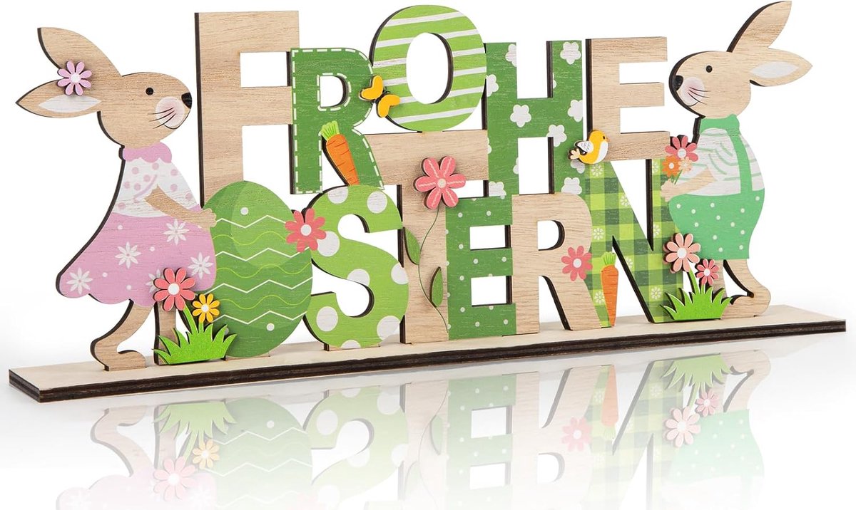 Paashaas decoratieve stand - houten uitvoering - met tekst - perfecte tafeldecoratie - ShopVlot