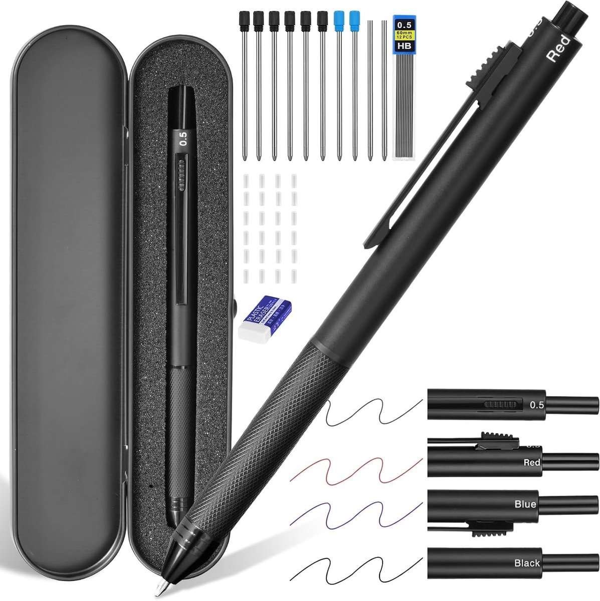 Multifunctionele 4-in-1 Pen met Gravity Sensor, 0.5mm Balpen en Mechanische Potlood, Inclusief 38 Stuks, Vullingen en Gum in Metalen Etui