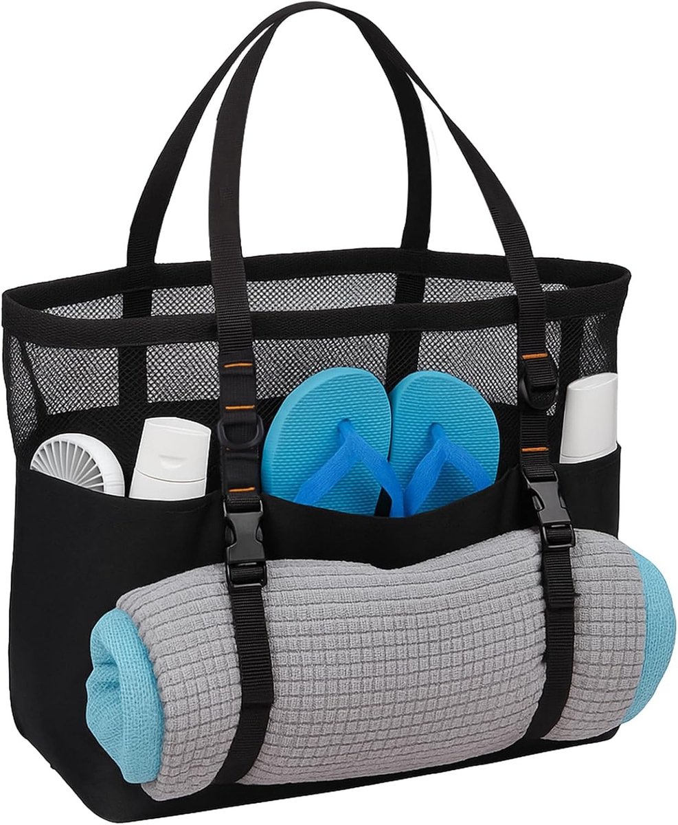 Grote strandtas voor dames met meerdere vakken, mesh ontwerp en rits onderaan, ideaal voor winkelen, reizen en kamperen