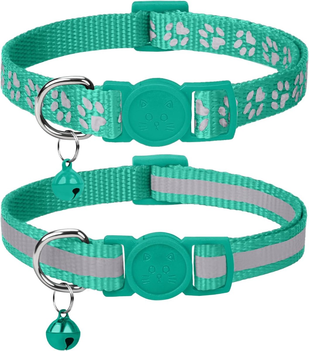 SnelShoppen - 2x Reflecterende Kattenhalsband met Bel en Veiligheidsontgrendeling, Verstelbaar 19-32cm, Turquoise, Duurzaam Nylon voor Kittens en Katt