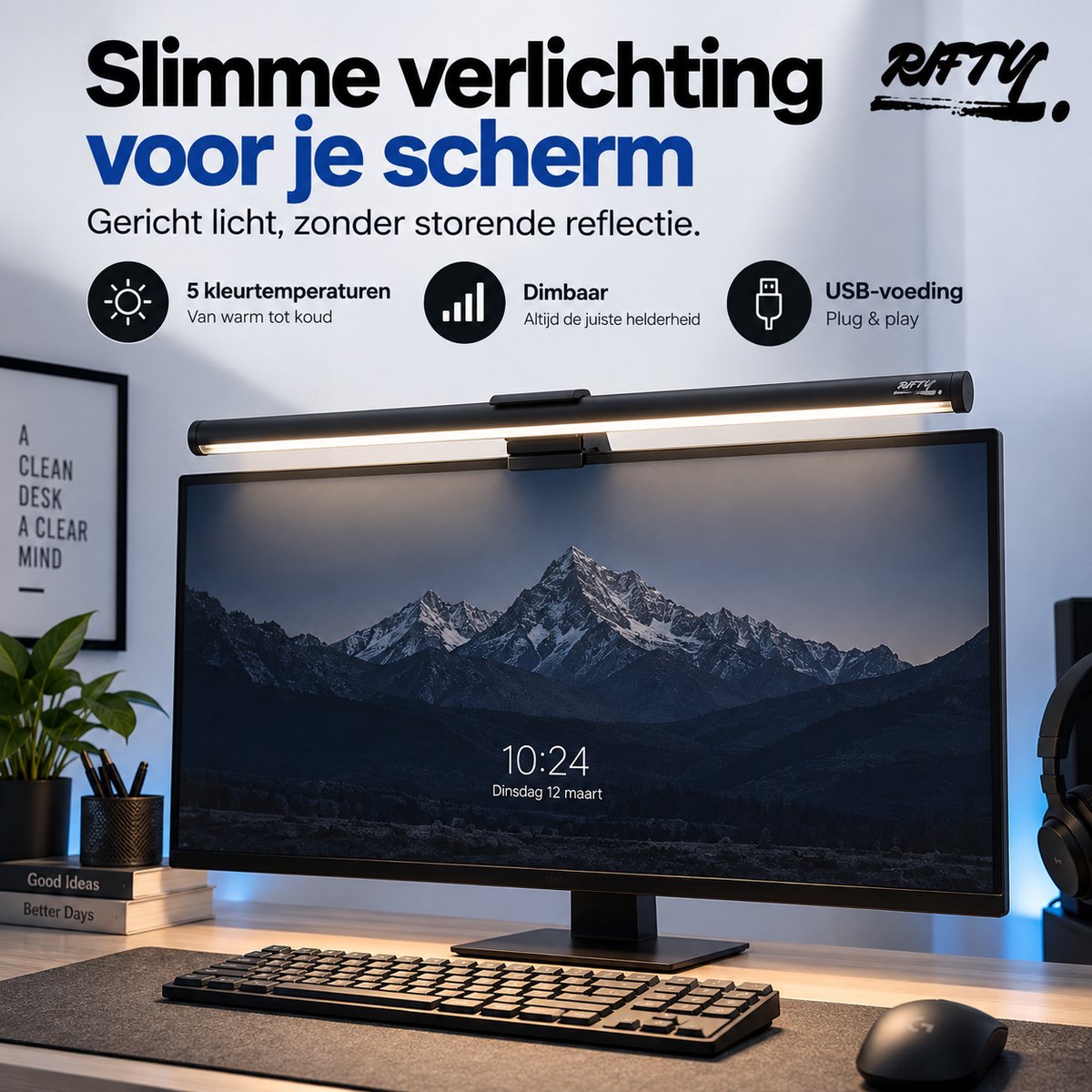 Rifty Monitor Light Bar - Monitor Lamp USB Dimbaar - Schermbalk Beeldscherm Lamp - 5 Kleurtemperaturen - Anti Reflectie - Oogvriendelijke Bureauverlichting voor PC, Laptop, Thuiswerken & Gaming thumbnail 6