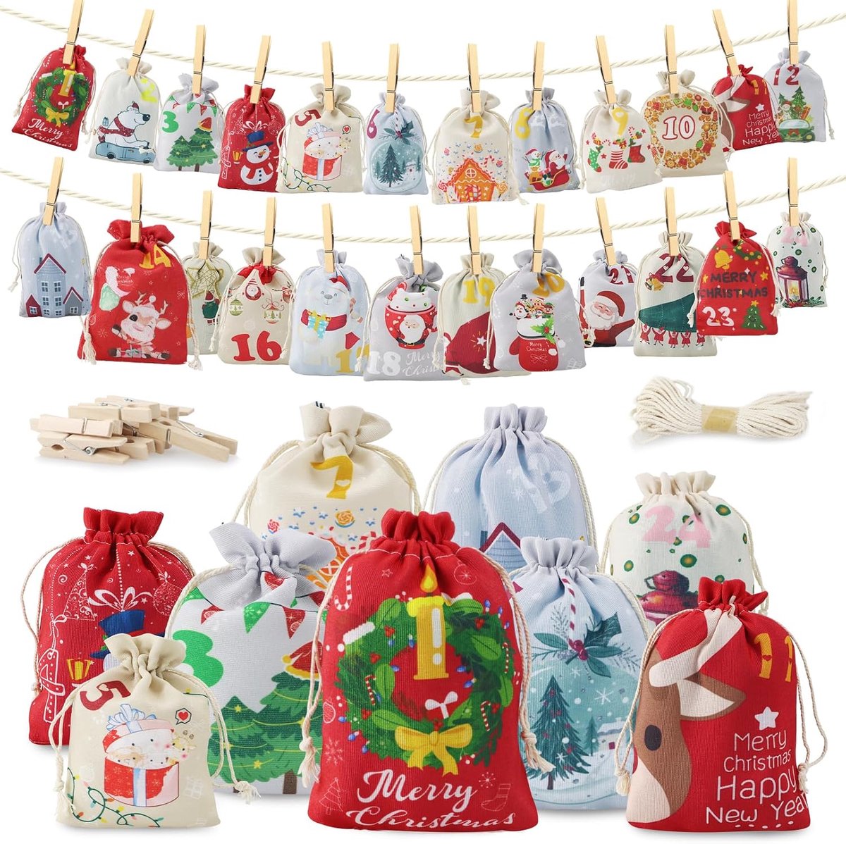 24 Fabric Bags 2 Size Advent Calendar to Fill 2025, Bags for Advent Calendar Self Filling with Numbers 1-24, Clips - ShopVlot