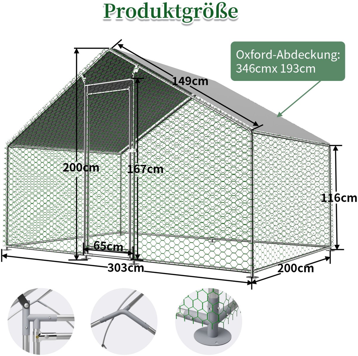 REDOM - Kippenhok - Vrijloopren met deurvergrendeling - Gegalvaniseerd stalen frame - Waterdicht PE-dak - Voor kippen en konijnen - Grijs - 3 x 2 x 2 m thumbnail 5