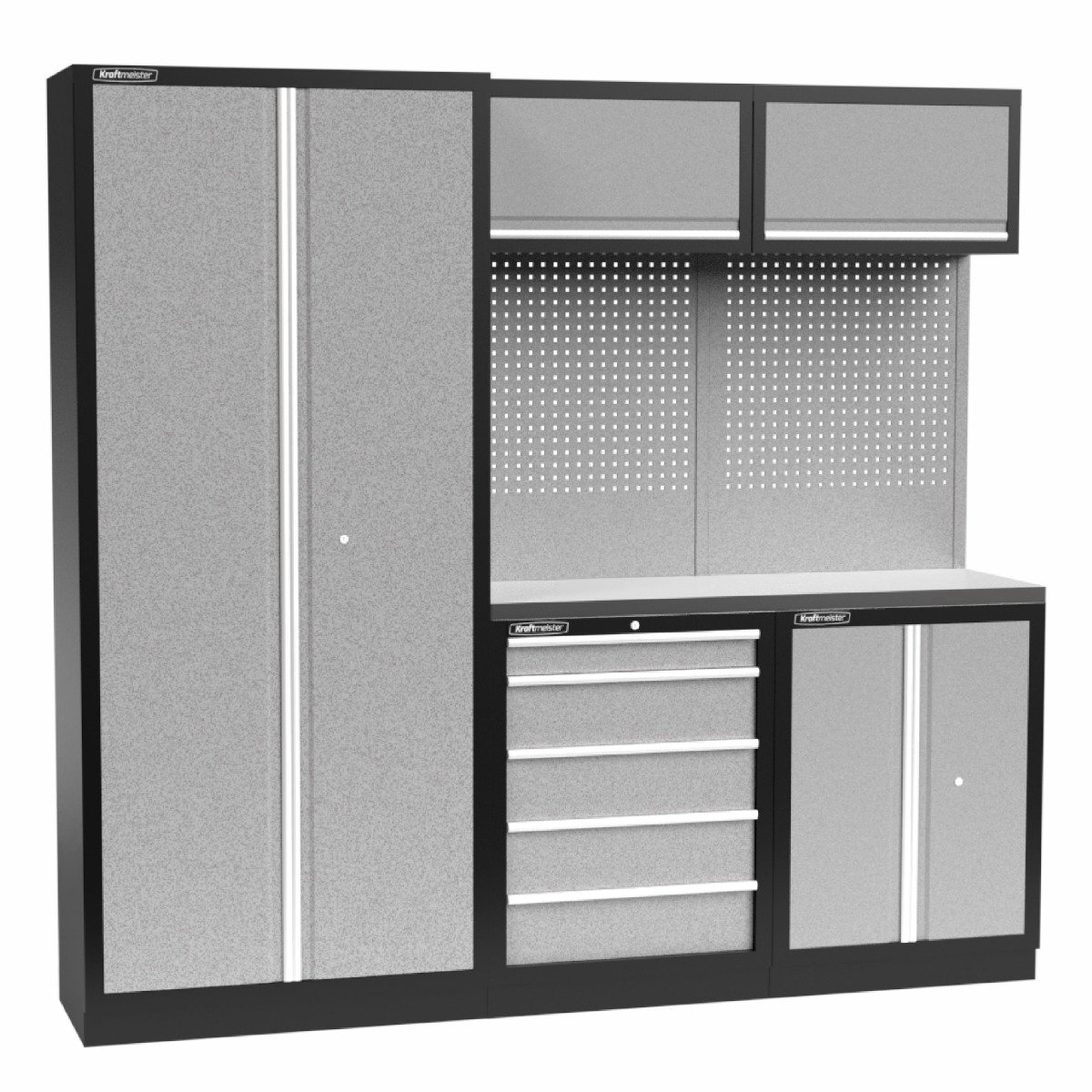 Kraftmeister werkplaatsinrichting - Werkbank met 2 wandkasten, 1 werkplaatskast, 1 opbergkast en RVS werkblad - Werktafel met 5 laden en gereedschapswand - Complete set voor werkplaats of garage - Grijs