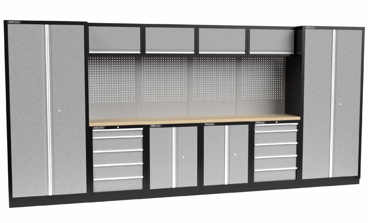 Kraftmeister werkplaatsinrichting - Werkbank met 4 wandkasten, 2 werkplaatskasten en multiplex werkblad - Werktafel met 10 laden, 2 opbergkasten en gereedschapswand - Complete set voor werkplaats of garage - Grijs