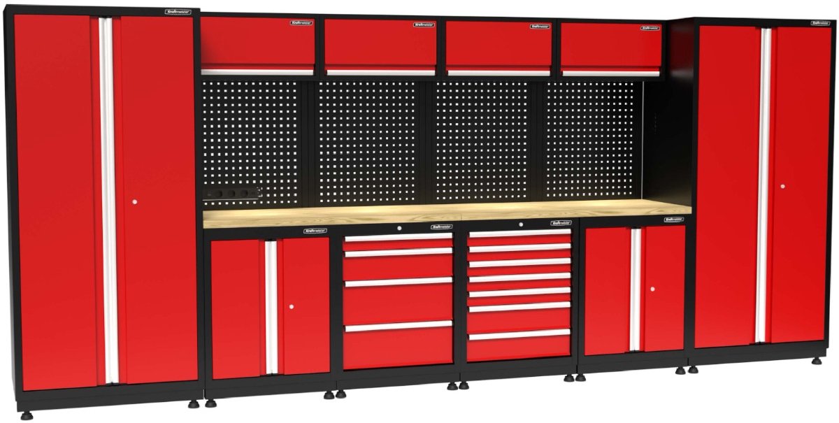 Kraftmeister werkplaatsinrichting - Werkbank met 4 wandkasten, 2 werkplaatskasten en eiken werkblad - Werktafel met 11 laden, 2 opbergkasten en gereedschapswand - Complete set voor werkplaats of garage - Rood